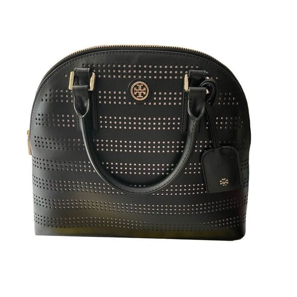 TORY BURCH Robinson Perforated Dome Satchel Black/Birch Handbag - Picture 1 of 6